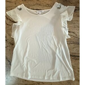 Nine West Womens White Blouse Plain Solid Flutter Short Sleeve Medium